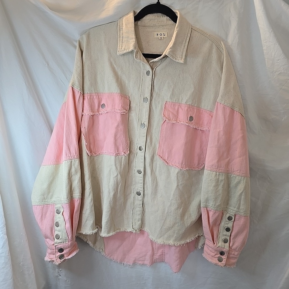 POL Colorblock Shacket Jacket Strawberry Cream Rough Hem Button Accents Oversize